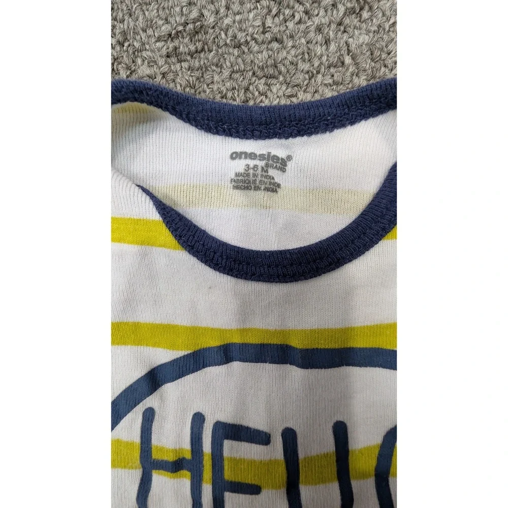 Gerber Onesie Baby Bodysuit 3-6M Yellow White Striped Hello Graphic Short Sleeve